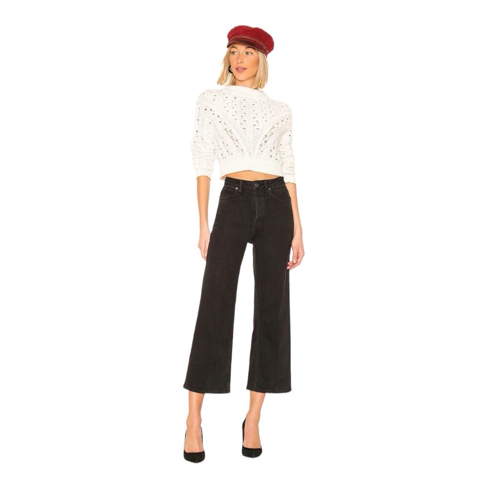 Free People Black Wide Leg Cropped Jeans Women’s 30 High Rise Raw Hem Stretch